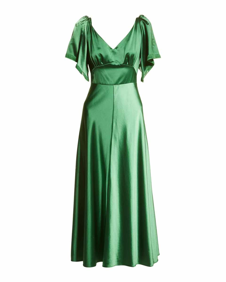 Hammered Satin Flutter Sleeve Midi Dress